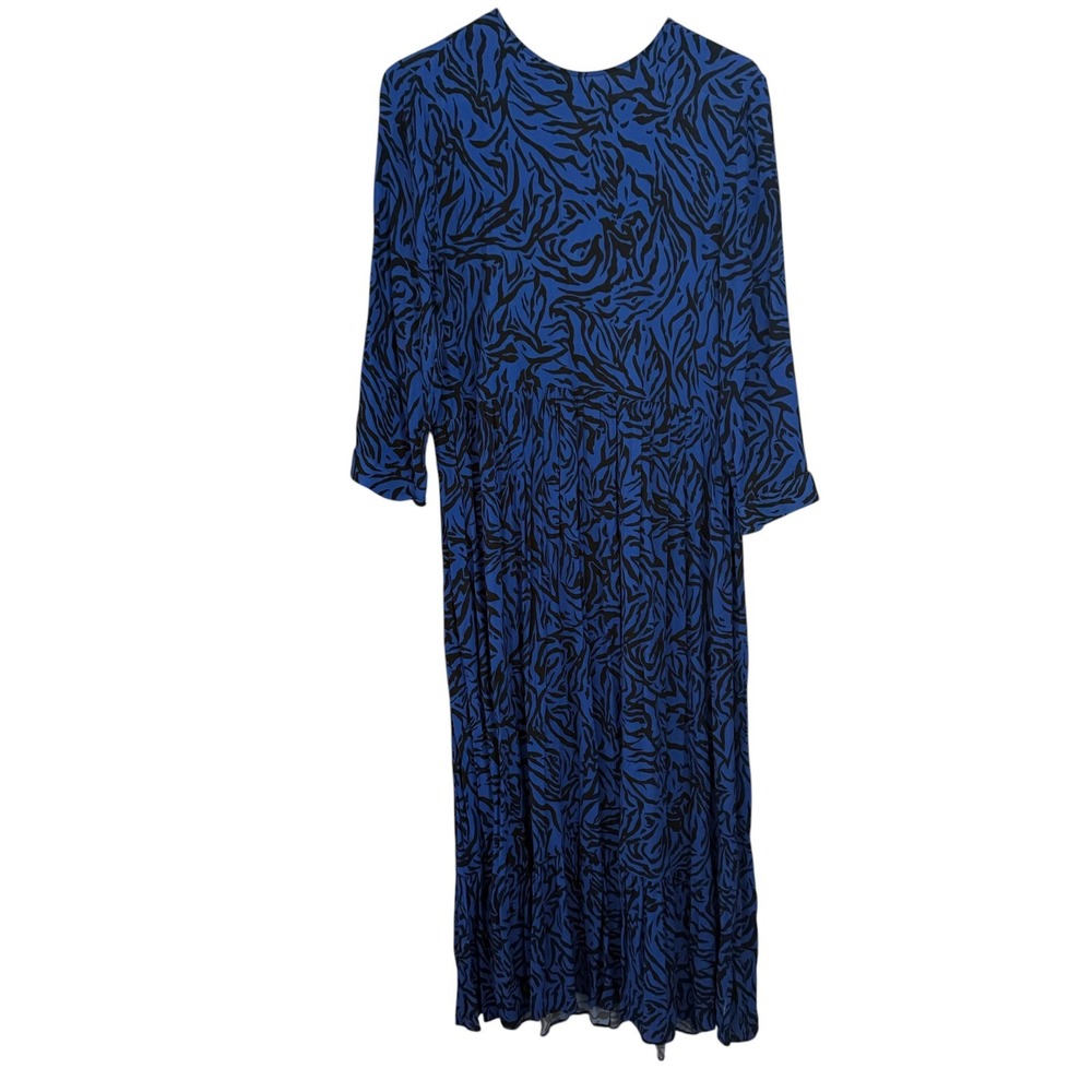 Zara Blue Black Zebra Print Midi Dress Sz M Boho Whimsigoth Modest Church Office